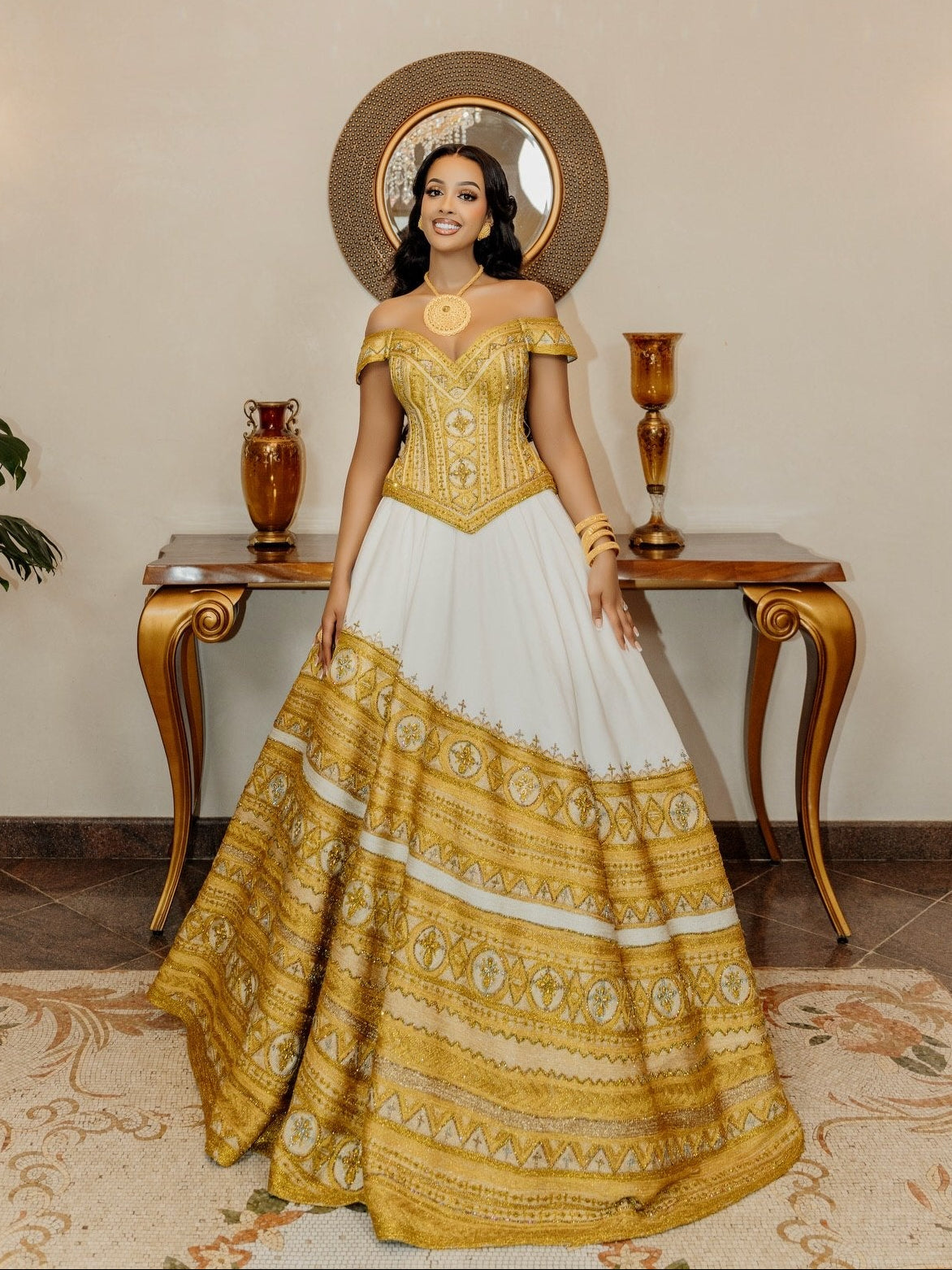 Golden and Yellow Habesha Dress Graceful Off-Shoulder Ethiopian Wedding Dress