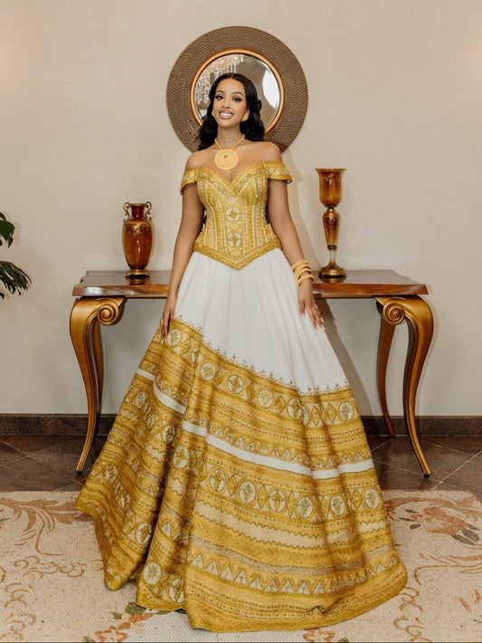 Golden and Yellow Habesha Dress Graceful Off-Shoulder Ethiopian Wedding Dress
