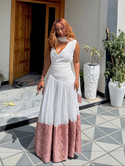 Blush Woven Habesha Dress Sleeveless V-Neck Habesha Kemis Traditional Ethiopian Clothing 854