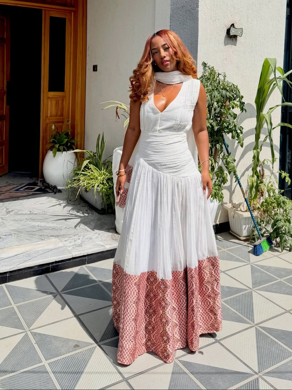 Blush Woven Habesha Dress Sleeveless V-Neck Habesha Kemis Traditional Ethiopian Clothing 854