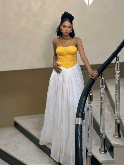 Yellow Bodice Habesha Dress | Strapless White Habesha Kemis