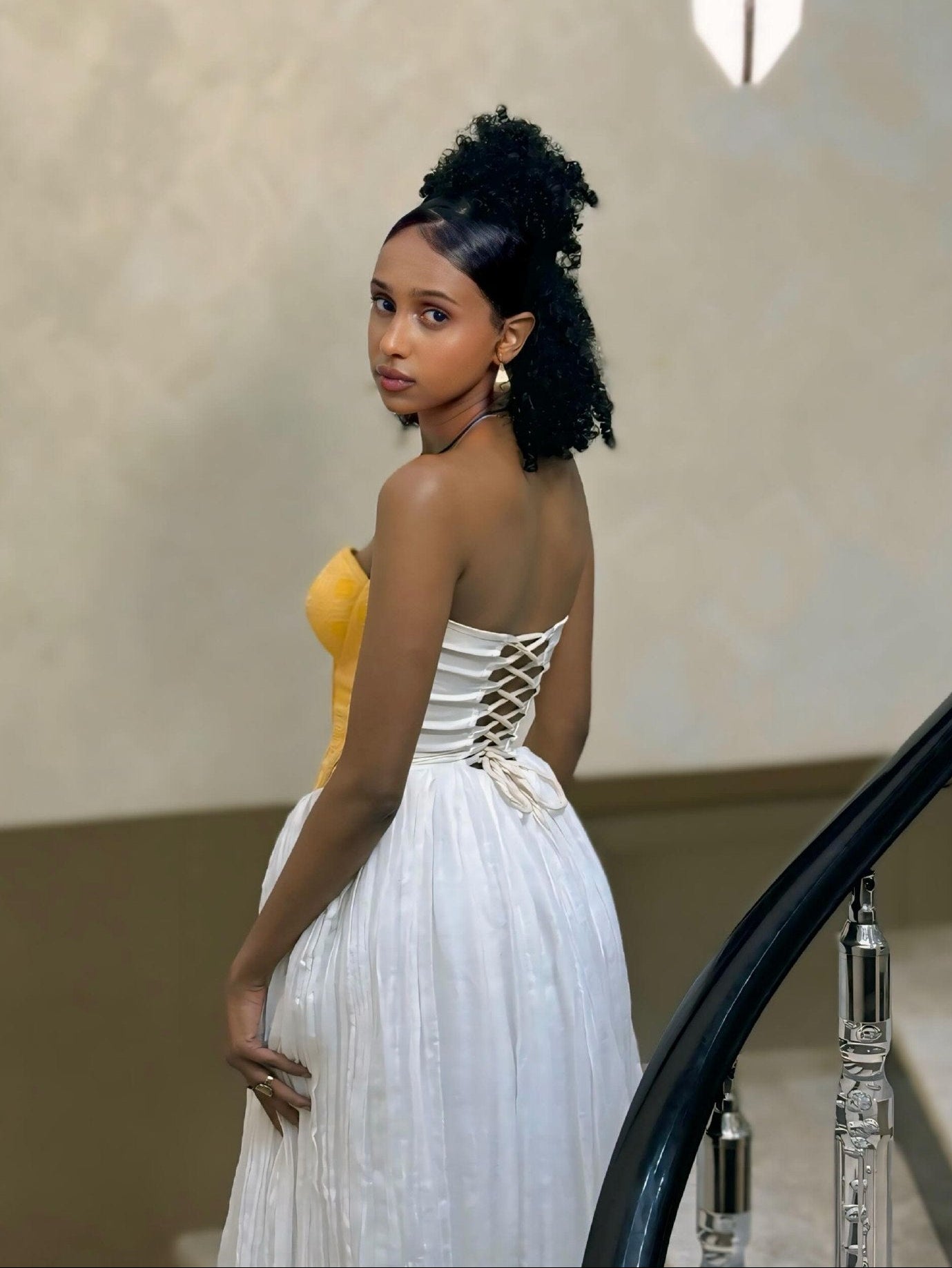 Radiant Yellow Bodice Habesha Dress Strapless Design and Flowing White Habesha Kemis Ethiopian Dress 855