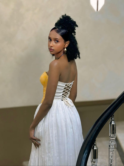Radiant Yellow Bodice Habesha Dress Strapless Design and Flowing White Habesha Kemis Ethiopian Dress 855