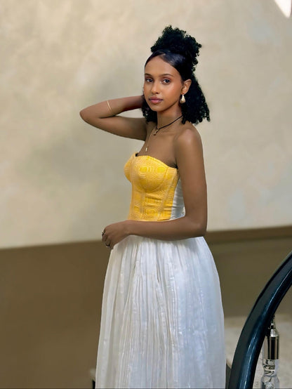 Radiant Yellow Bodice Habesha Dress Strapless Design and Flowing White Habesha Kemis Ethiopian Dress 855