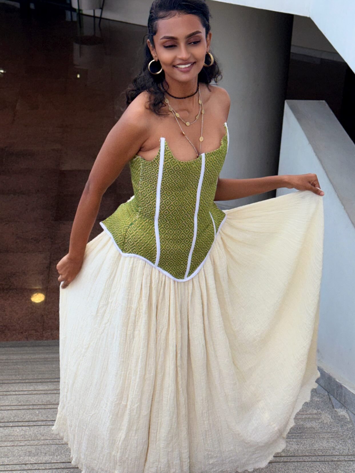 Contemporary Green Woven Habesha Dress Sculpted Corset Bodice Habesha Kemis Ethiopian Clothing 855