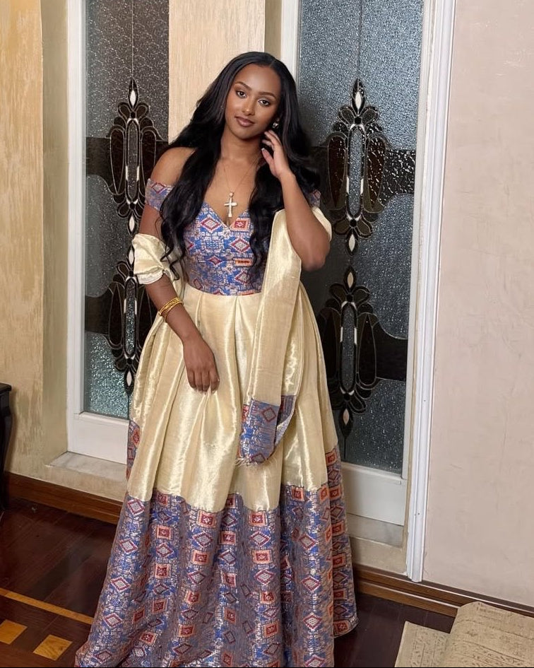 Lustrous Gold and Multicolor Woven Habesha Dress Off-Shoulder Ethiopian Dress Habesha Kemis 856