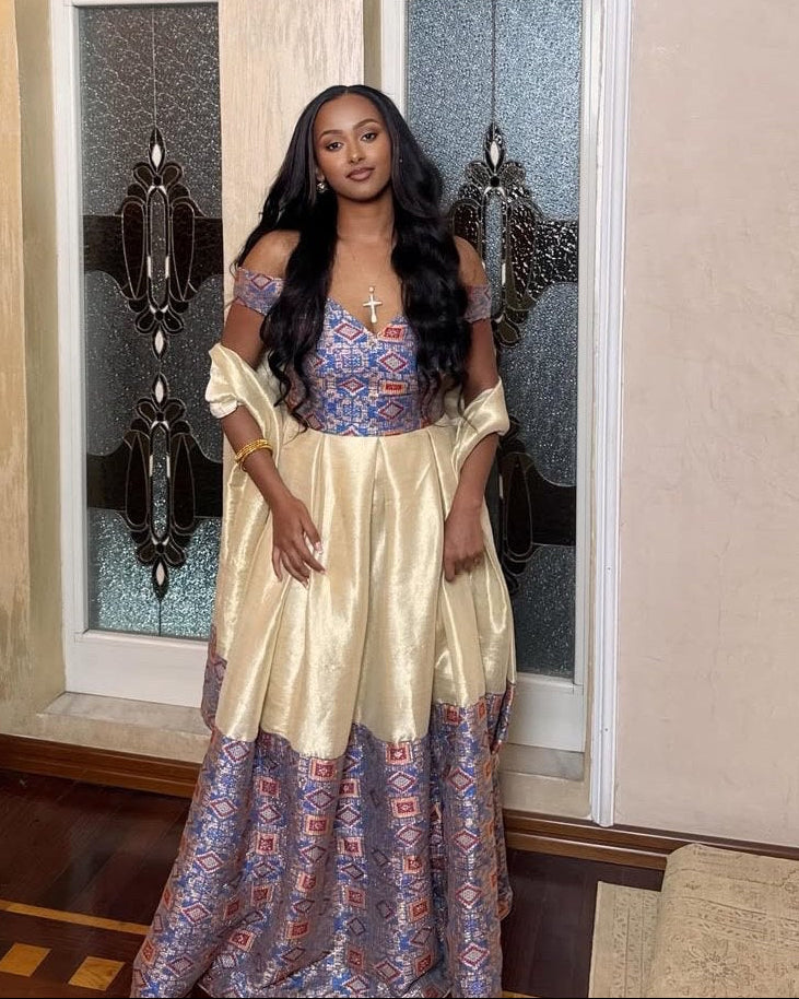 Gold and Multicolor Habesha Dress Off-Shoulder Habesha Kemis