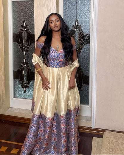 Gold and Multicolor Habesha Dress Off-Shoulder Habesha Kemis