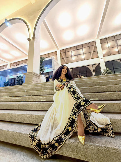 Majestic Black and Gold Embroidered Habesha Dress Regal Ethiopian Clothing Timeless Habesha Kemis 862