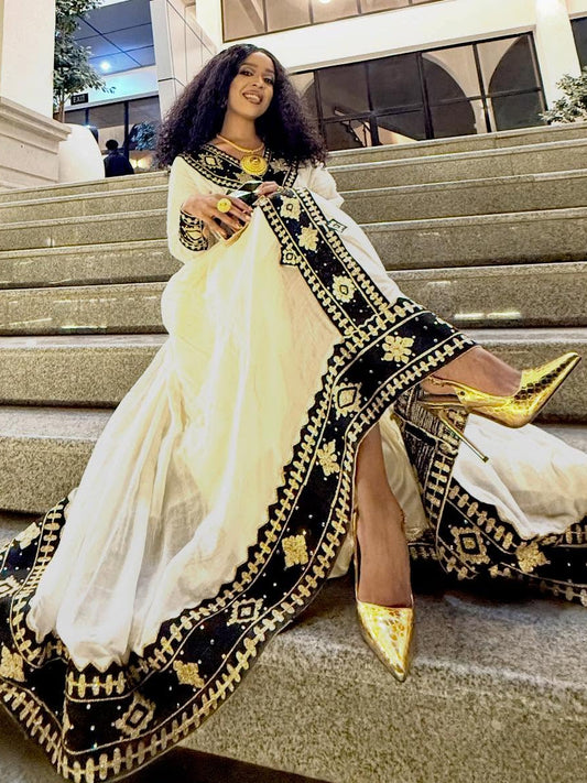 Majestic Black and Gold Embroidered Habesha Dress Regal Ethiopian Clothing Timeless Habesha Kemis 862