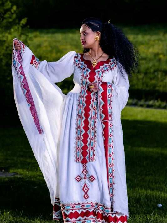 Crimson Embroidered Habesha Dress Long Sleeve Ethiopian Dress