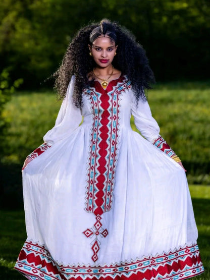 Red Embroidered Habesha Dress Long Sleeve Ethiopian Dress Timeless Habesha Kemis For Festive 865
