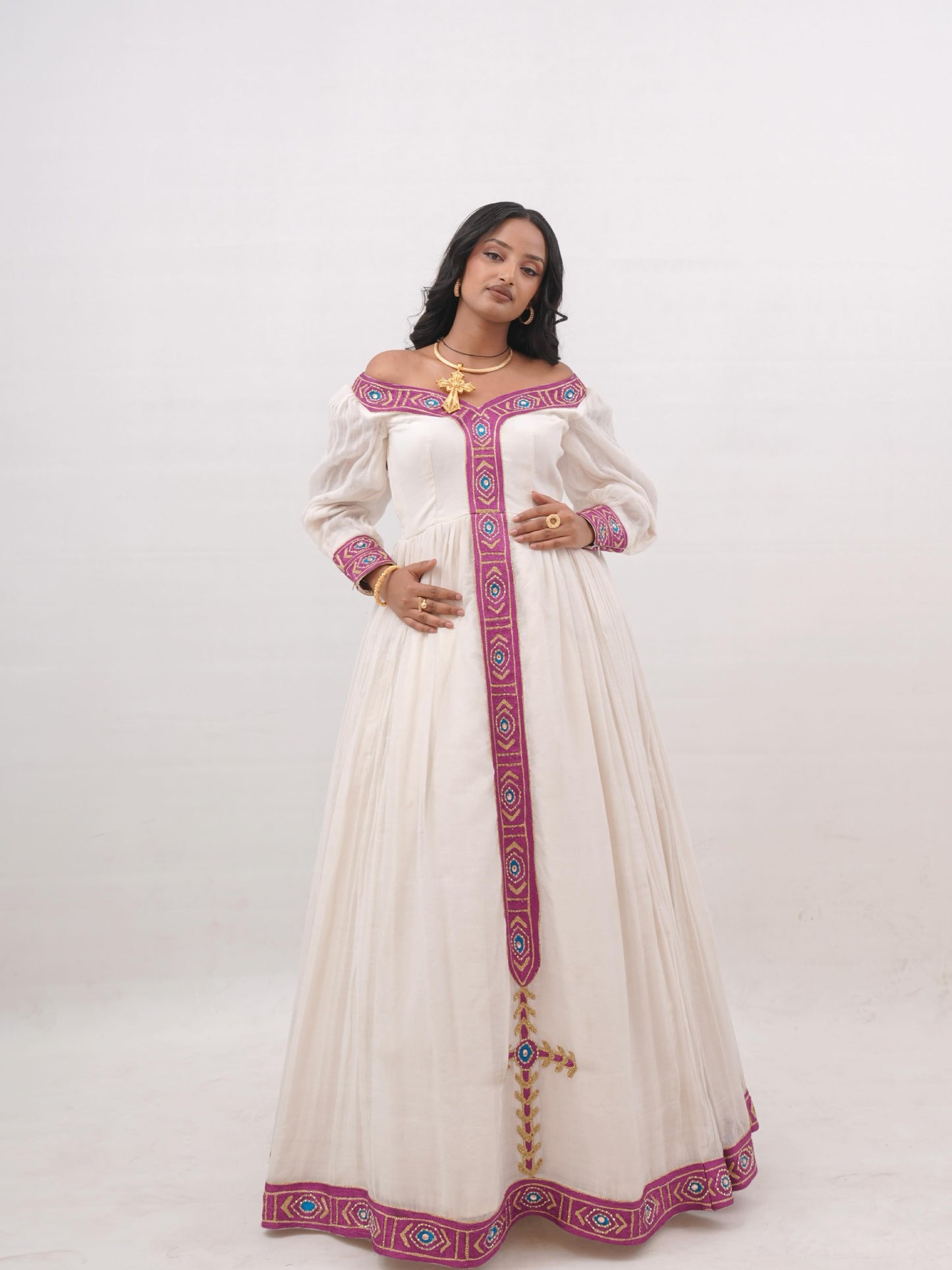 Orchid Embroidered Habesha Kemis Traditional Ethiopian Dress Timeless Habesha Dress For Festive 869