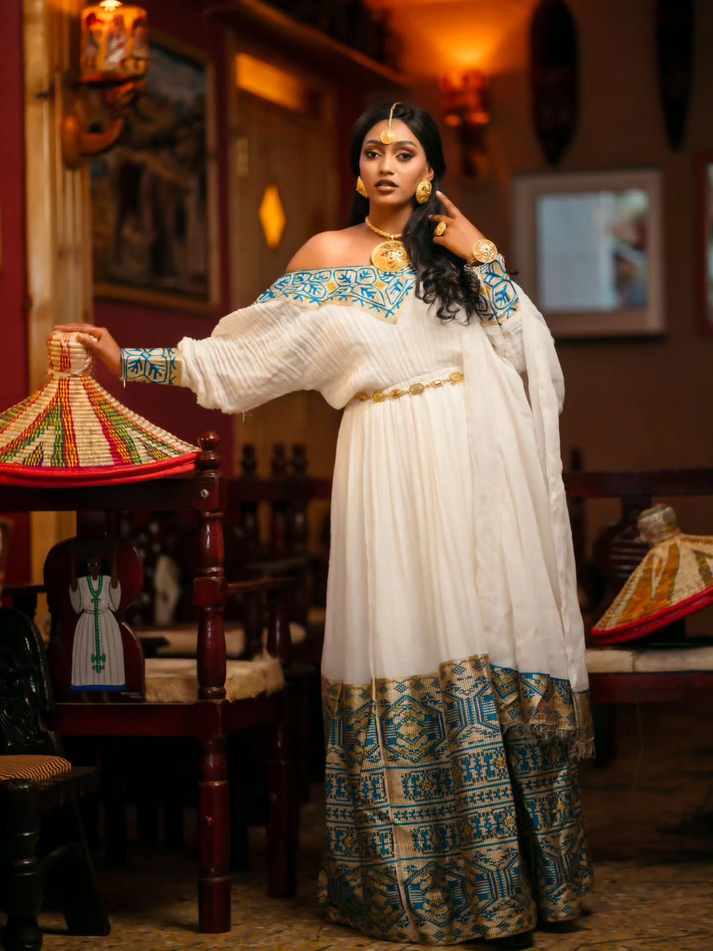 Royal Ethiopian Clothing Blue Embroidered Habesha Kemis & Habesha Dress Style