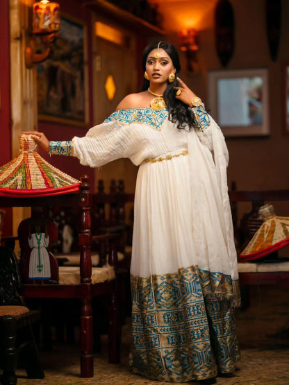 Royal Ethiopian Clothing Blue Embroidered Habesha Kemis & Habesha Dress Style