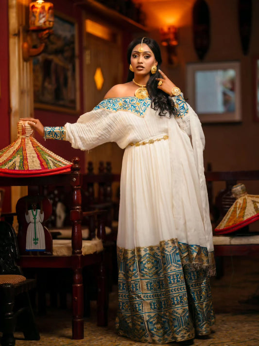 Royal Ethiopian Clothing Blue Embroidered Habesha Kemis & Habesha Dress Style
