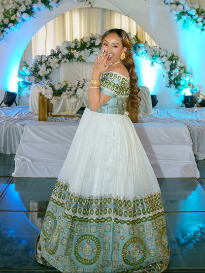 Off-Shoulder Ethiopian Wedding Dress Elegant Green Embroidered Habesha Kemis Short Sleeve Habesha Dress 884