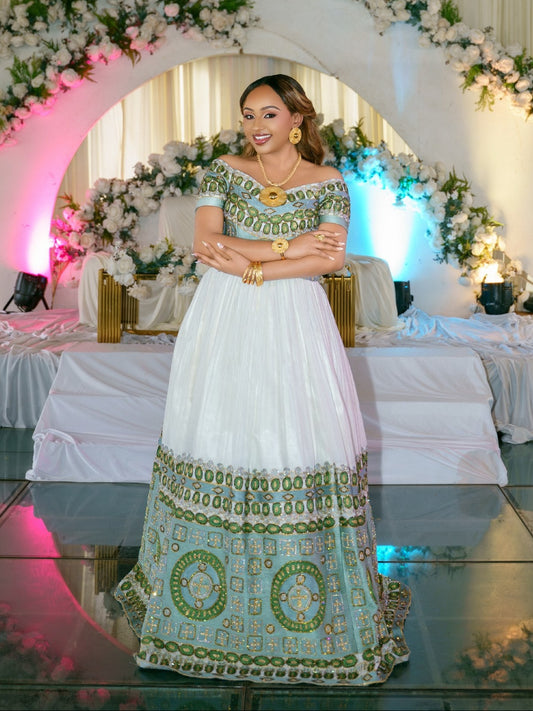 Off-Shoulder Ethiopian Wedding Dress | Elegant Green Embroidered Bridal Gown