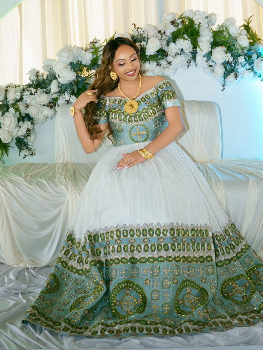 Off-Shoulder Ethiopian Wedding Dress Elegant Green Embroidered Habesha Kemis Short Sleeve Habesha Dress 884
