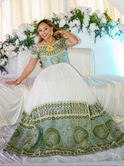 Off-Shoulder Ethiopian Wedding Dress Elegant Green Embroidered Habesha Kemis Short Sleeve Habesha Dress 884