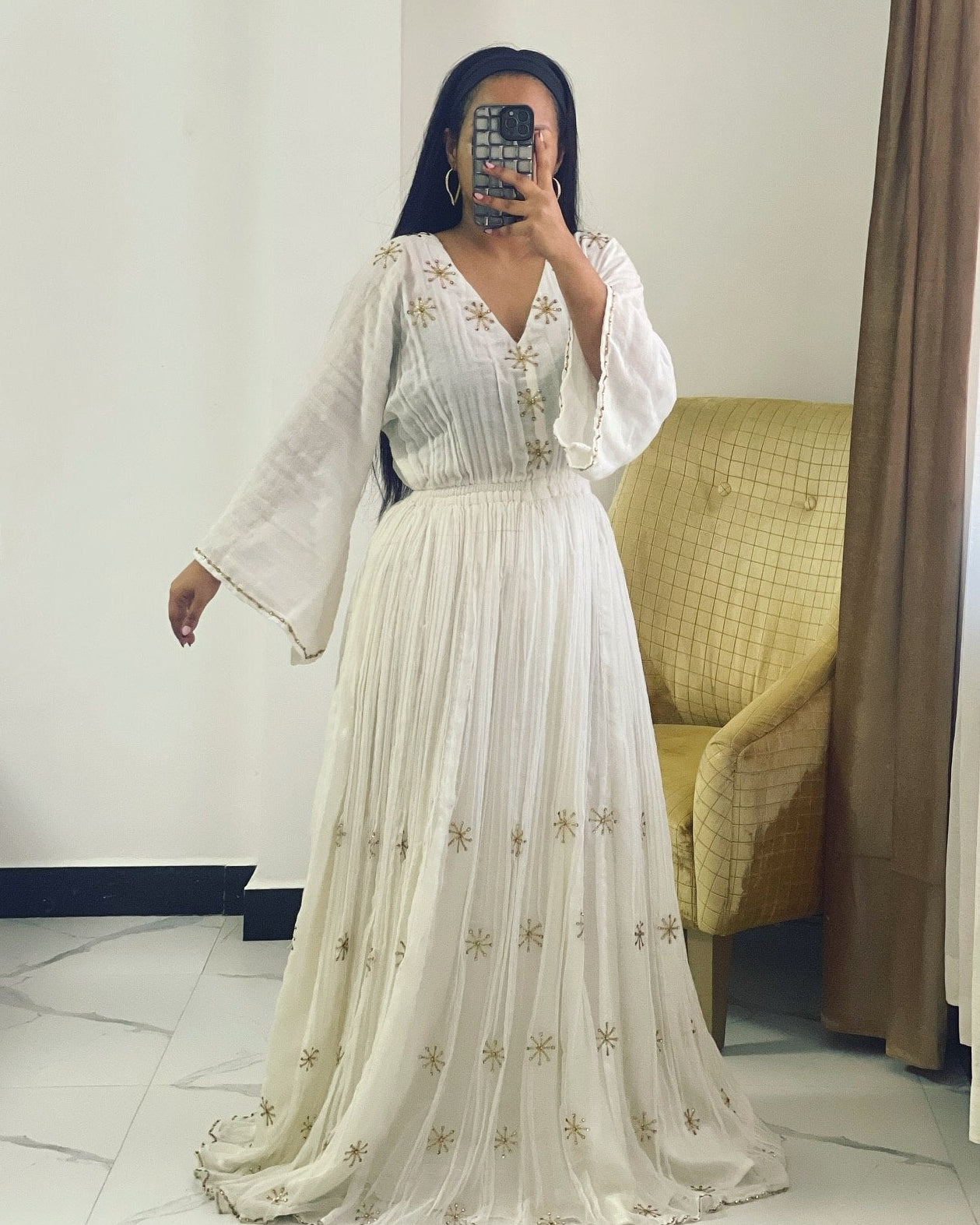 Elegant Ethiopian Heritage Attire White Habesha Kemis with Gold Embroidery