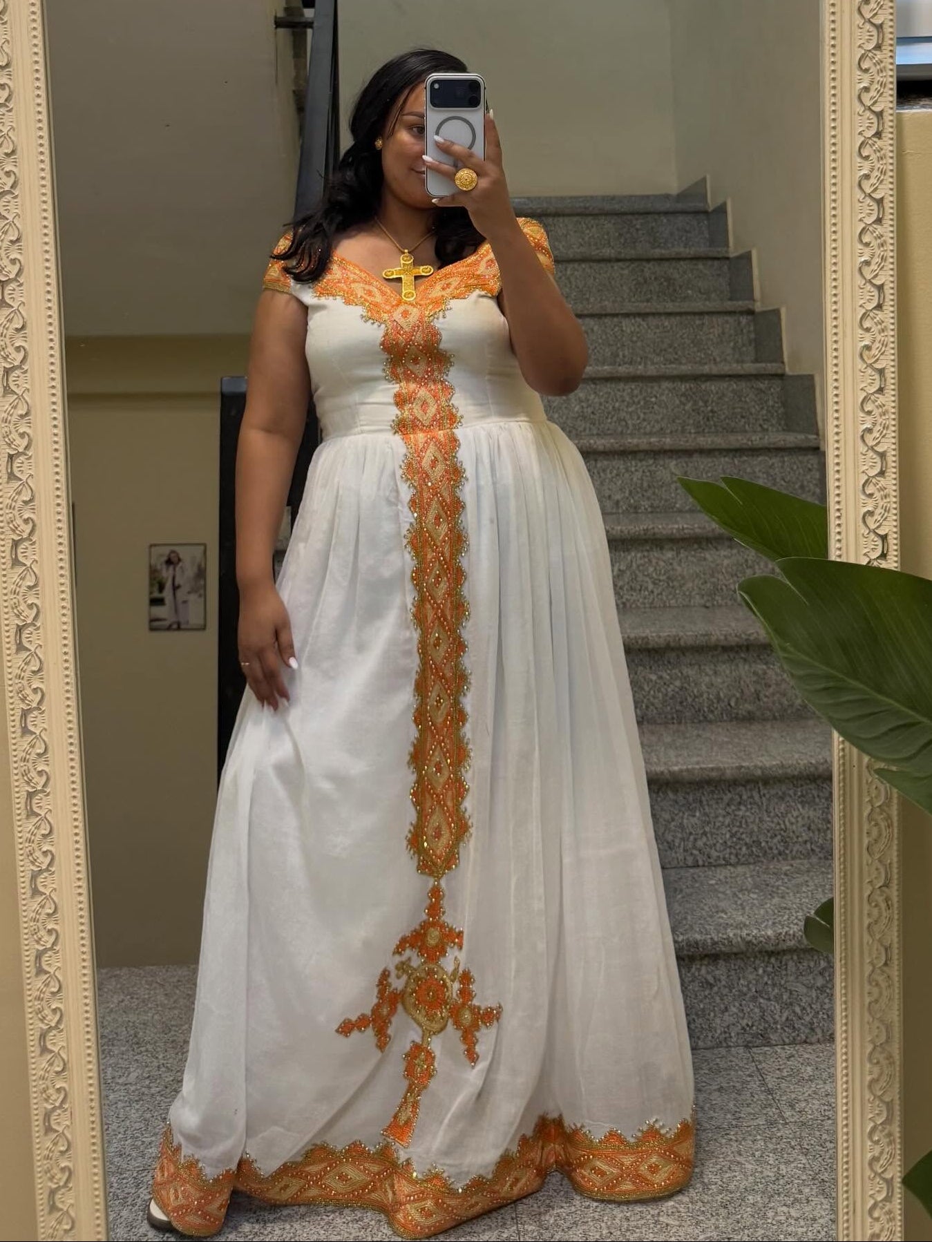 Radiant Orange Habesha Kemis Ethiopian And Eritrean Dress Short Sleeve Habesha Dress 881