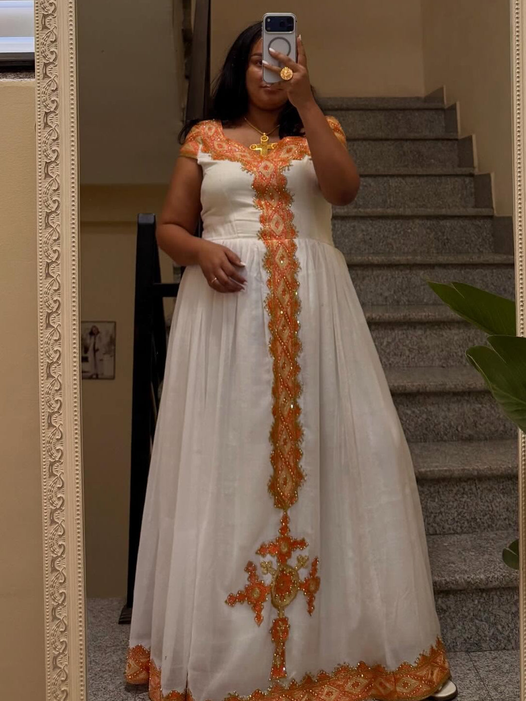 Elegant Ethiopian Dress Short Sleeve Habesha Kemis with Orange Embroidery