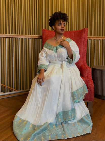 Mint Green Habesha Dress V-neckline Habesha Kemis Traditional Ethiopian Clothing Timeless 895