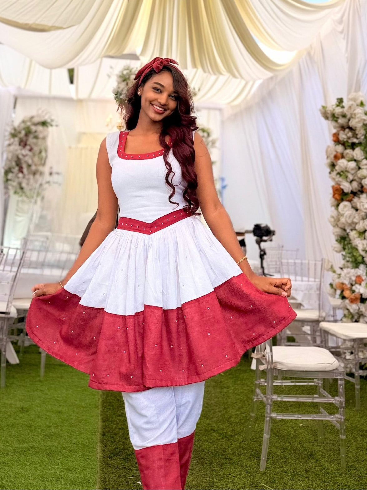 Red Woven Ethiopian Traditional Dress Elegant Habesha Kemis Habesha Dress For Festival Outfit 898