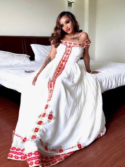 Elegant Off-Shoulder Habesha Kemis Crimson Heritage Habesha Dress Traditional Eritrean Dress 899