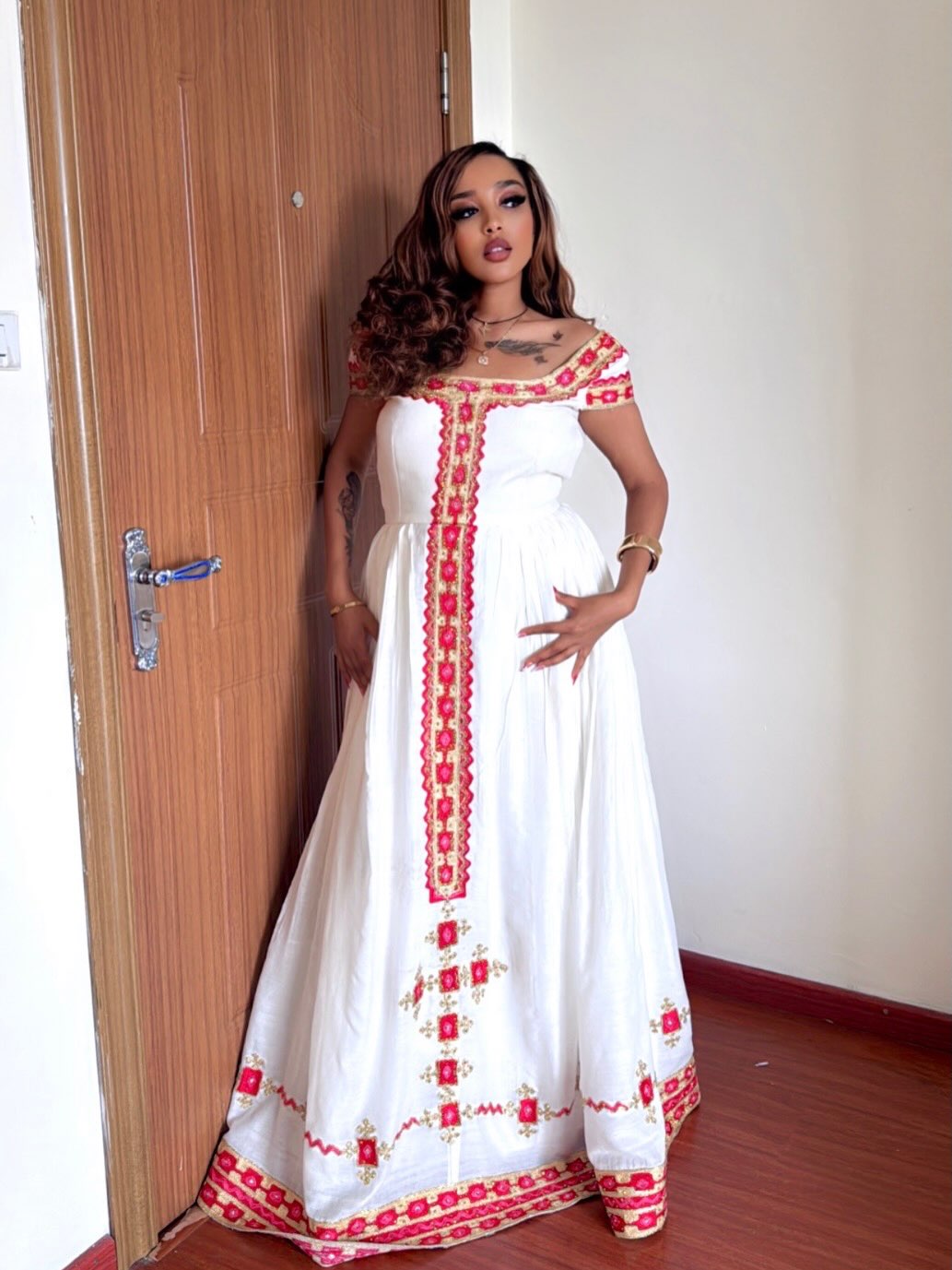 Elegant Off-Shoulder Habesha Kemis Crimson Heritage Habesha Dress Traditional Eritrean Dress 899