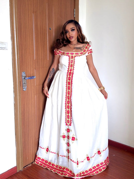 Off-Shoulder Habesha Kemis Elegant Ethiopian Traditional Dress