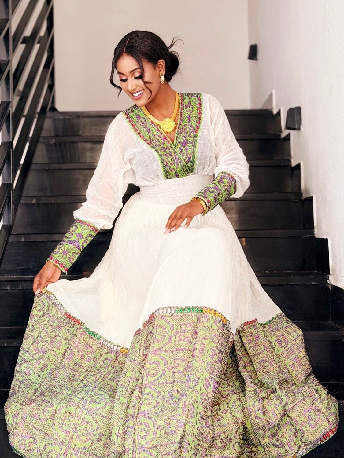Stylish Long Sleeve Habesha Dress Green Woven Border Habesha Kemis Ethiopian Dress For Events 900