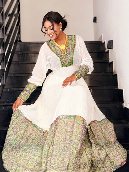 Stylish Long Sleeve Habesha Dress Green Woven Border Habesha Kemis Ethiopian Dress For Events 900