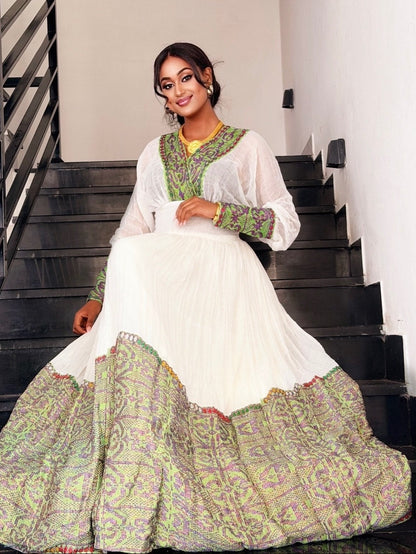 Stylish Long Sleeve Habesha Dress Green Woven Border Habesha Kemis Ethiopian Dress For Events 900