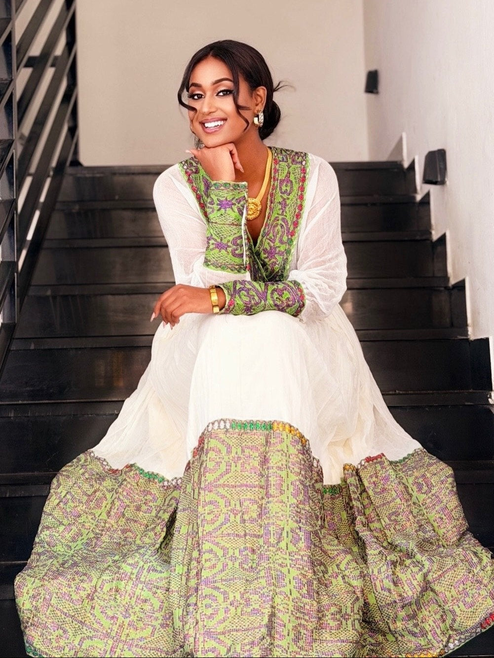 Stylish Long Sleeve Habesha Dress Green Woven Border Habesha Kemis Ethiopian Dress For Events 900