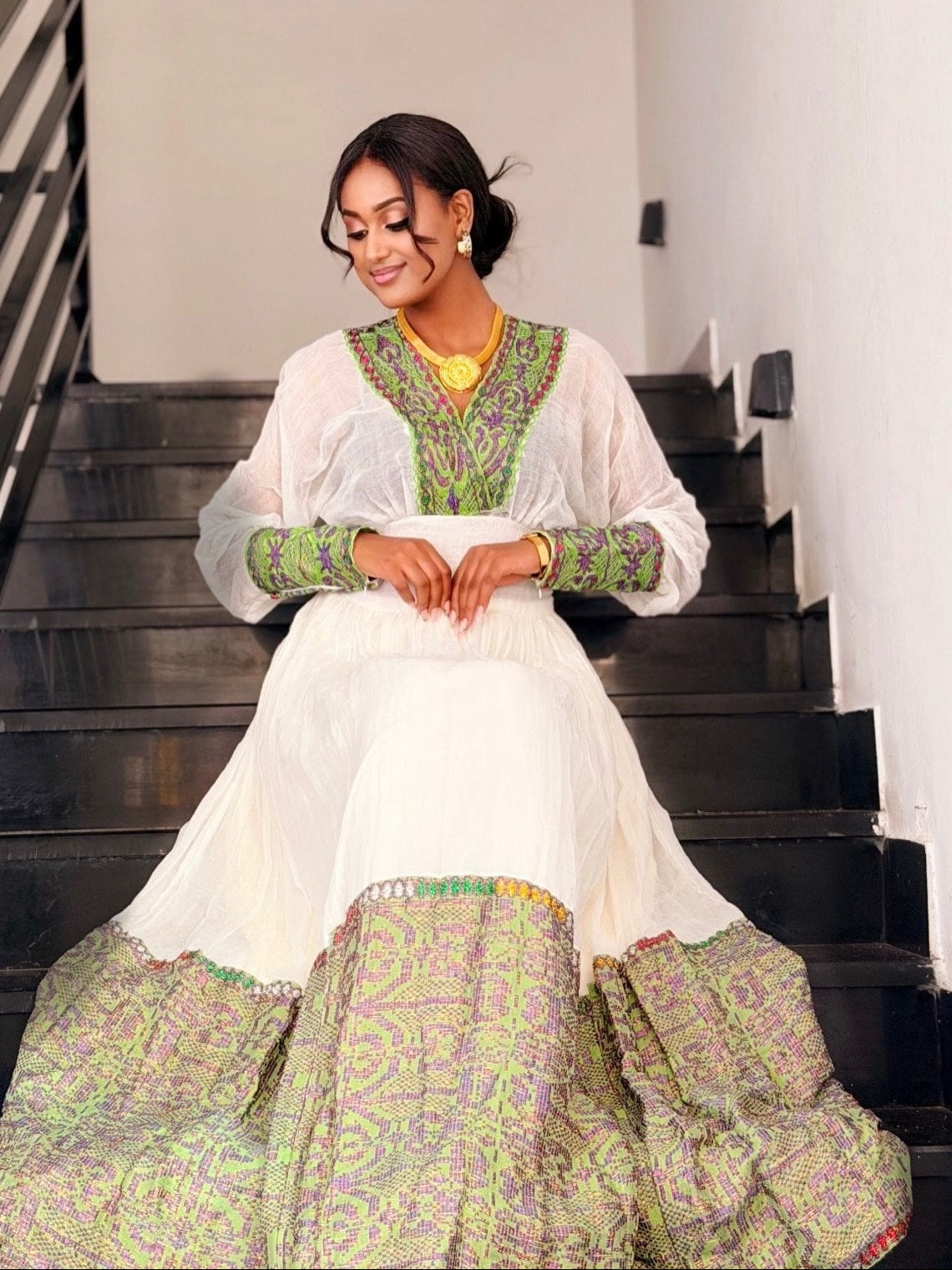 Elegant Long Sleeve Habesha Dress with Green Woven Border | Traditional Ethiopian Kemis