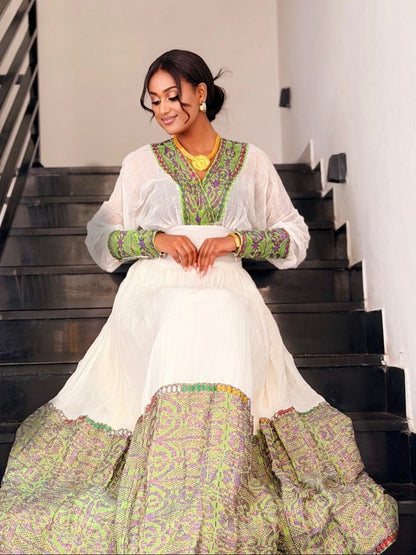 Elegant Long Sleeve Habesha Dress with Green Woven Border | Traditional Ethiopian Kemis