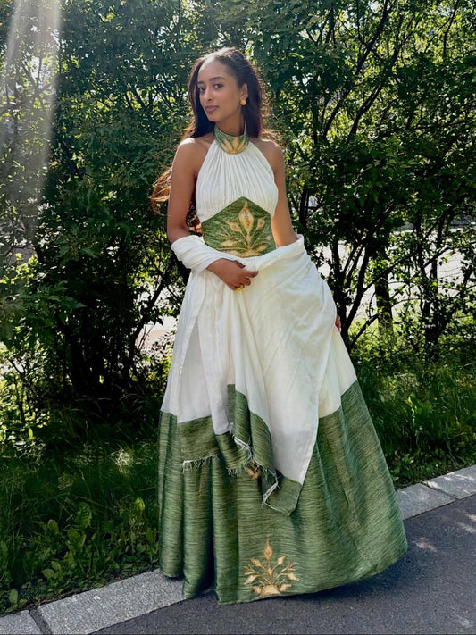 Elegant Green Halter Habesha Kemis Online Traditional Ethiopian Dress