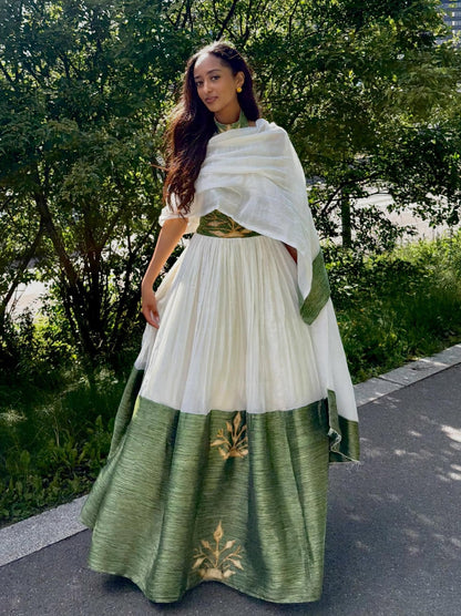 Regal Green Halter Habesha Kemis Luxurious Traditional Ethiopian Dress Habesha Dress With Timeless Elegance 903