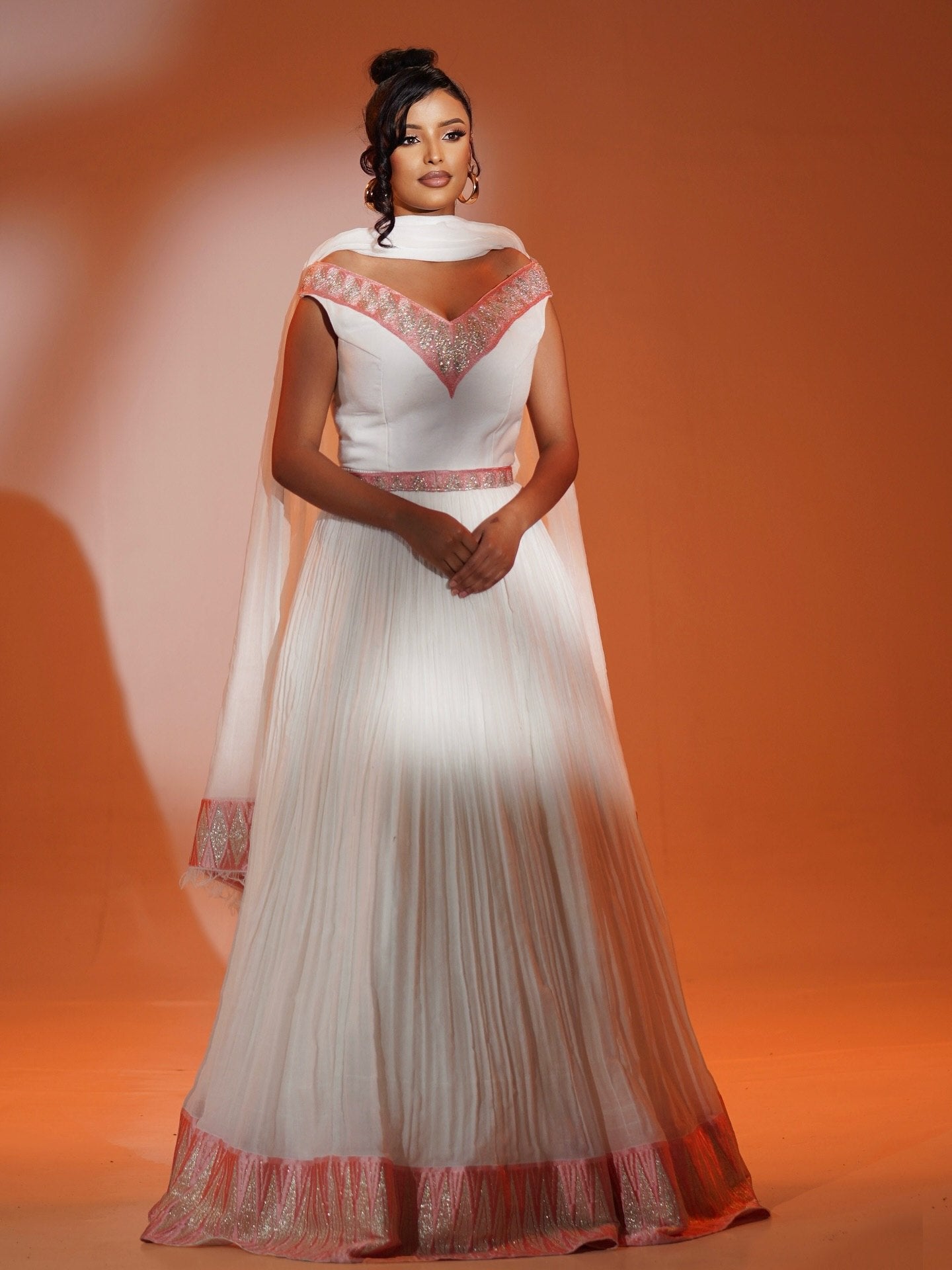 Off-Shoulder Habesha Dress Pink & Silver Embroidery Ethiopian Clothing