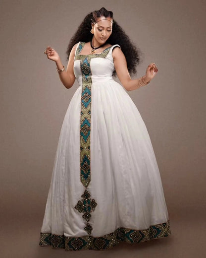 Royal Emerald Habesha Kemis Handcrafted Traditional Ethiopian Dress Sleeveless Habesha Dress 911