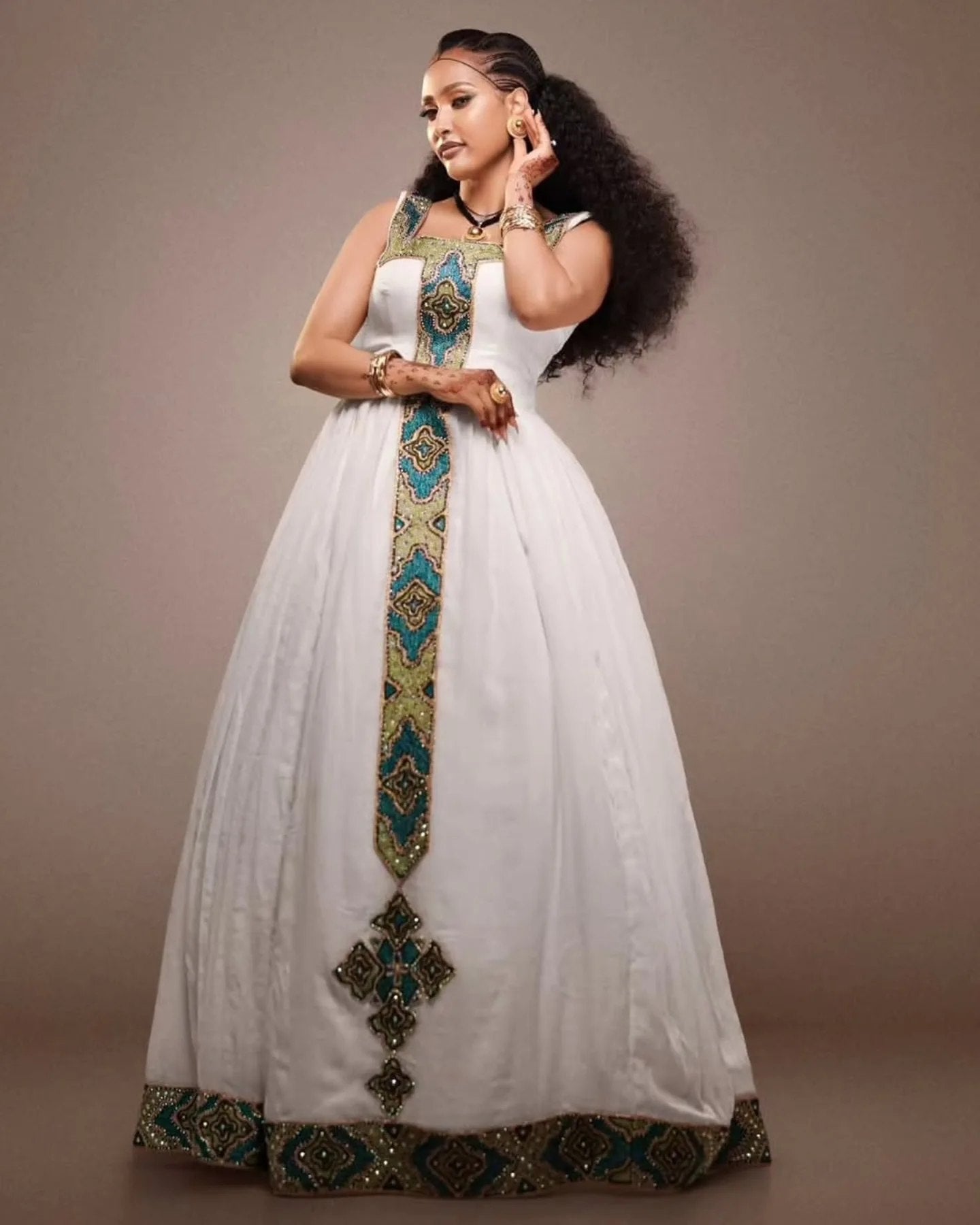 Elegant White & Emerald Habesha Kemis Online Traditional Ethiopian Clothing