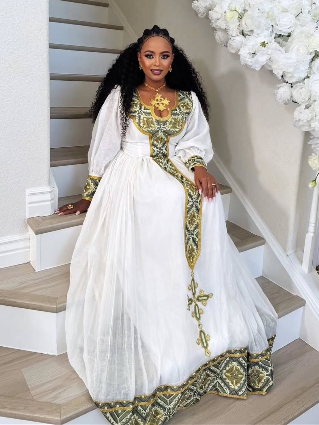 Luxury White & Olive Gold Habesha Traditional Dress Elegant Ethiopian Dress