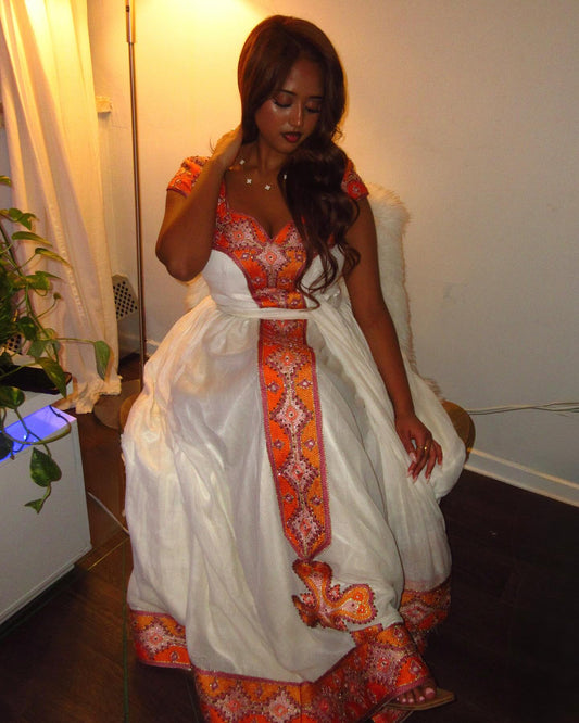 Orange Habesha Kemis Online  Authentic Ethiopian Traditional Clothing