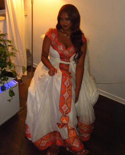 Orange Habesha Kemis Online Authentic Ethiopian Traditional Clothing Timeless Habesha Dress 913