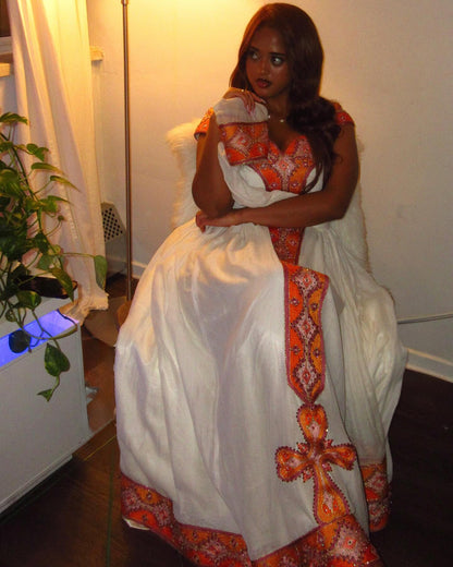 Orange Habesha Kemis Online Authentic Ethiopian Traditional Clothing Timeless Habesha Dress 913