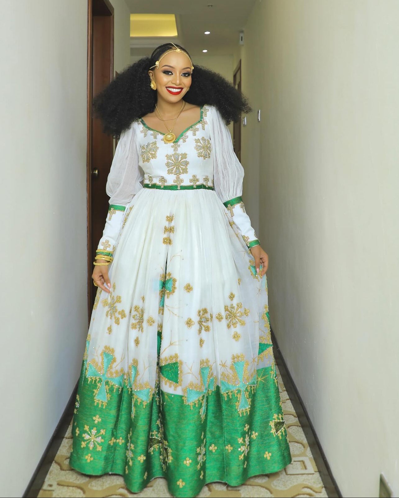 Green Woven Habesha Dress Long Puff Sleeve Habesha Kemis