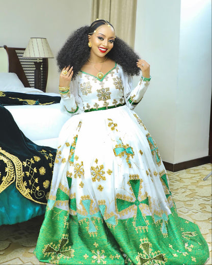 Green Woven Habesha Dress Long Puff Sleeve Habesha Kemis Traditional Ethiopian Clothing 914