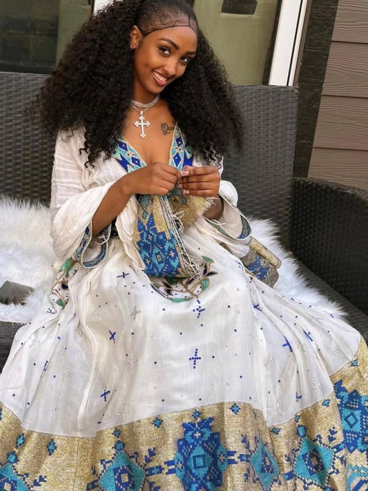 Royal Blue & Gold Woven Habesha Kemis Ethiopian Traditional Dress